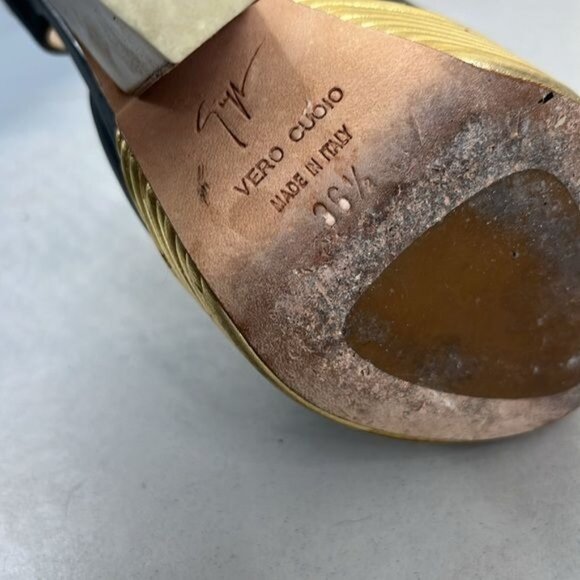 Giuseppe Zanotti Gold Black Leather Peep Toe Platform Sandals Pumps - Picture 7 of 11